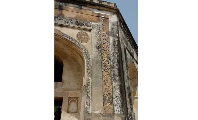 The tile work on the front arch of Quli Khan's tomb